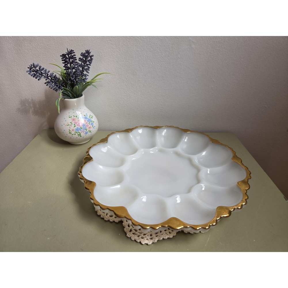 Vintage Milk Glass Deviled Egg Plate 12 Slots Gold Rim Serving Platter